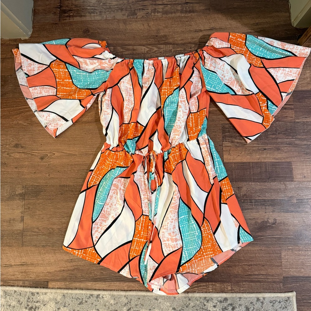 SHEIN Orange and Green Abstract Romper